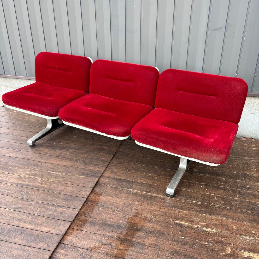 昭和レトロ オカムラ 3人掛け ベンチシート 赤 ベロア 待合椅子 ロビーチェア