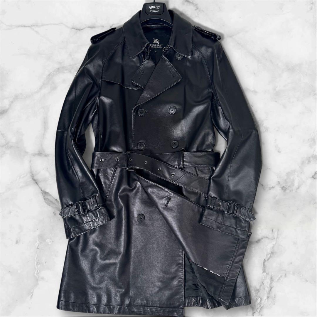 美品◎バーバリーブラックレーベル　レザートレンチコート　ノバチェック　ブラック