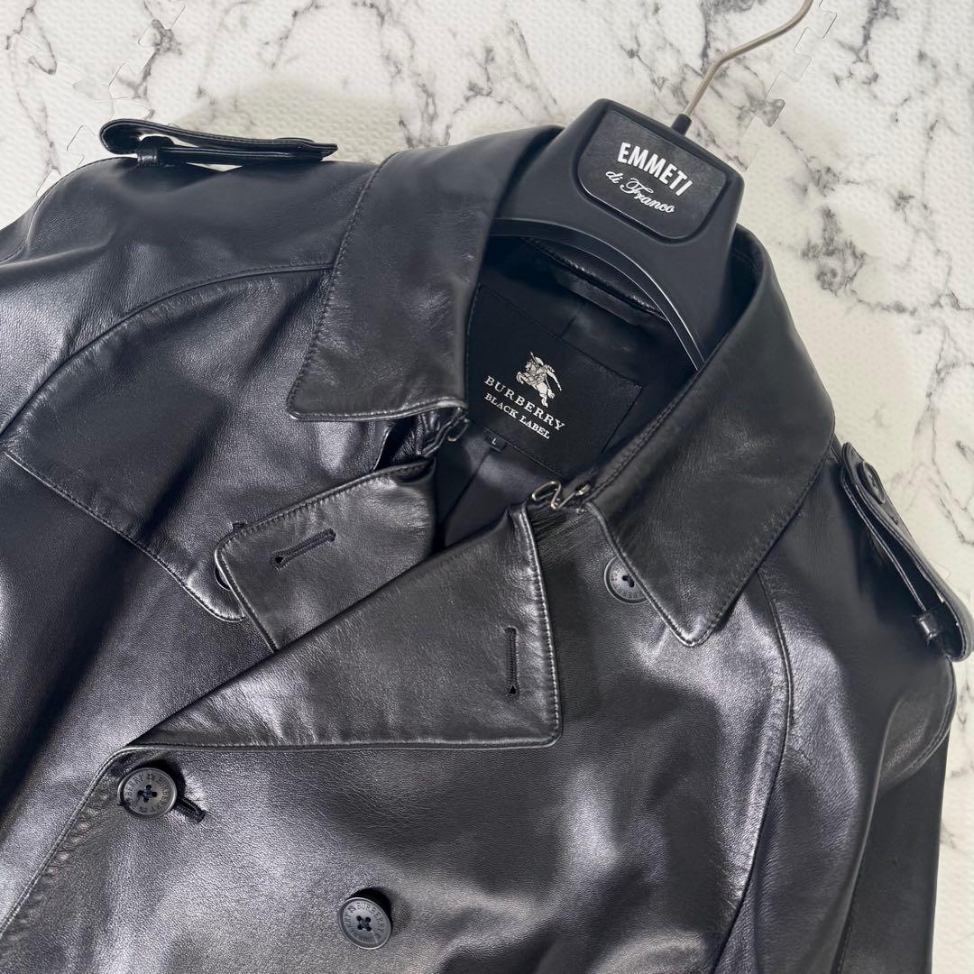 美品◎バーバリーブラックレーベル　レザートレンチコート　ノバチェック　ブラック