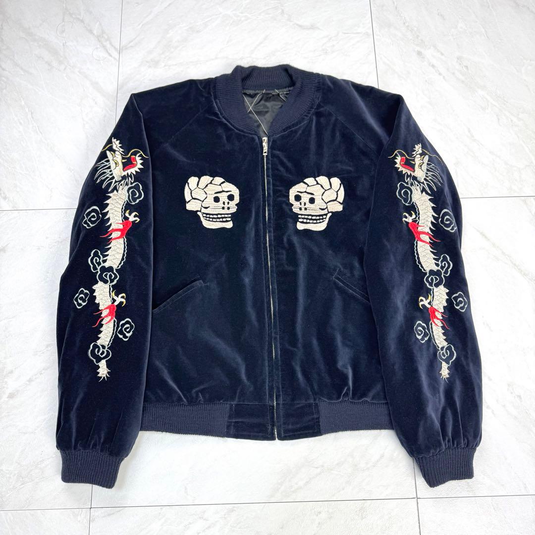 美品 テーラー東洋 別珍 スカジャン ベロア 蛇髑髏 ドクロ 昇龍 M ネイビー