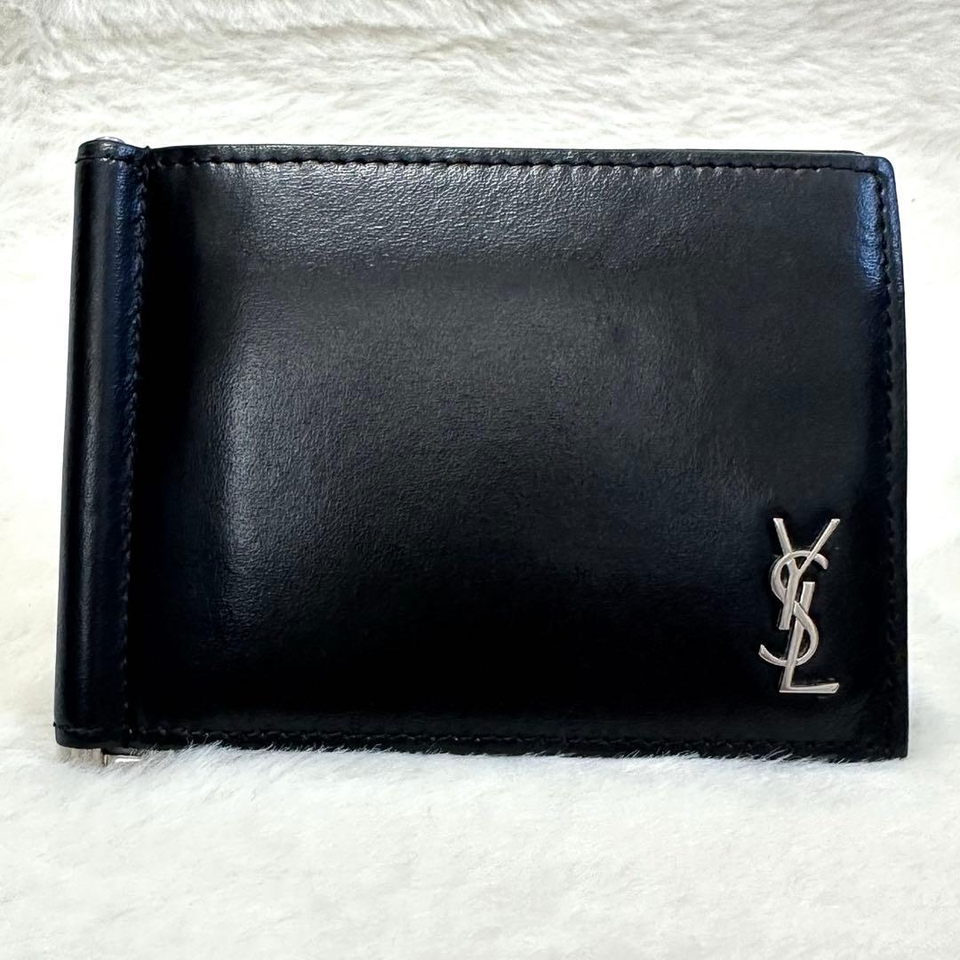 美品★サンローラン マネークリップ 二つ折り財布 カサンドラ シルバー レザー