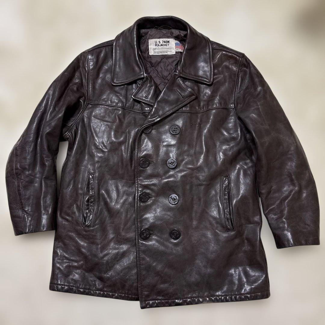 良サイズ！ショット★ブラウン　42 XL◎レザーピーコート★