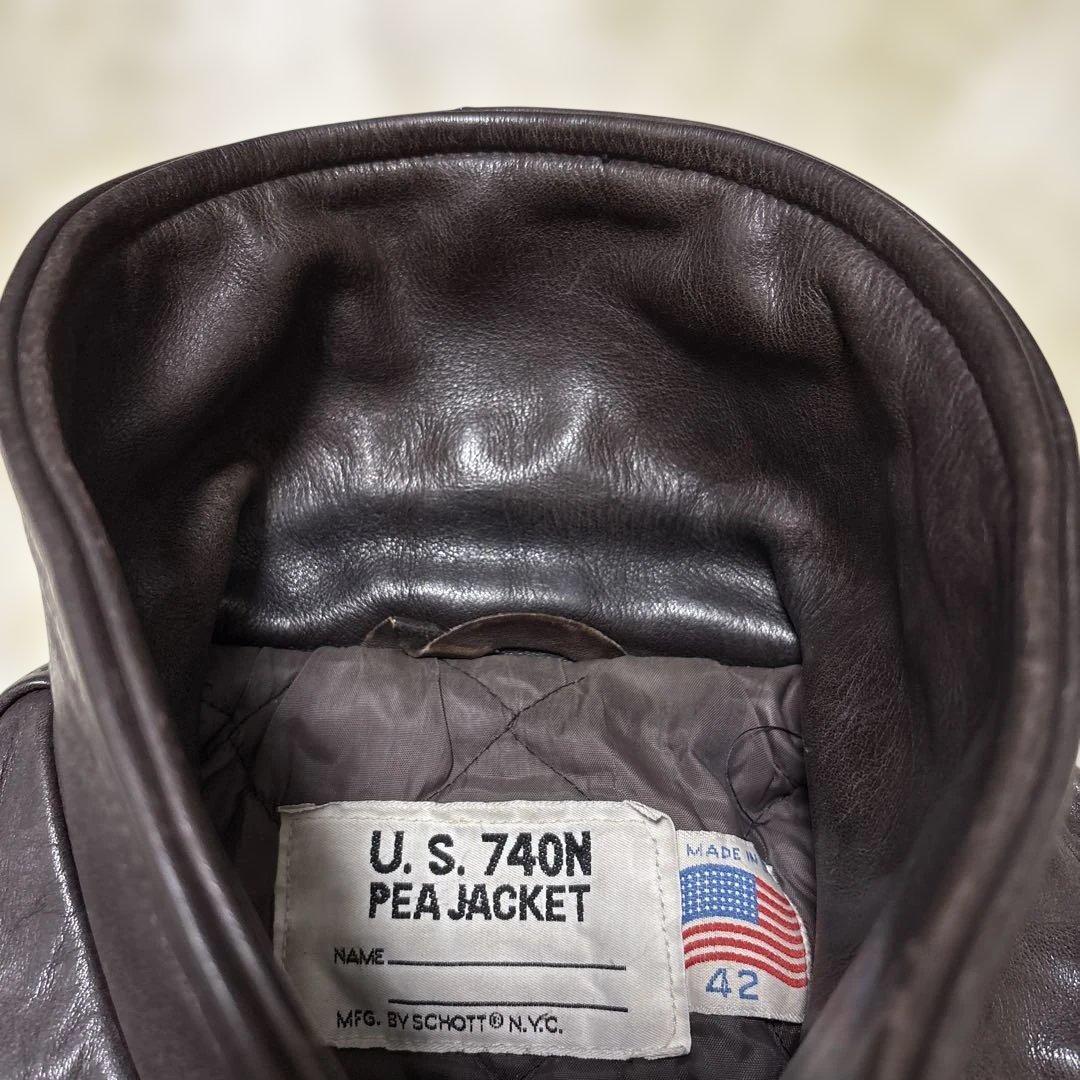 良サイズ！ショット★ブラウン　42 XL◎レザーピーコート★