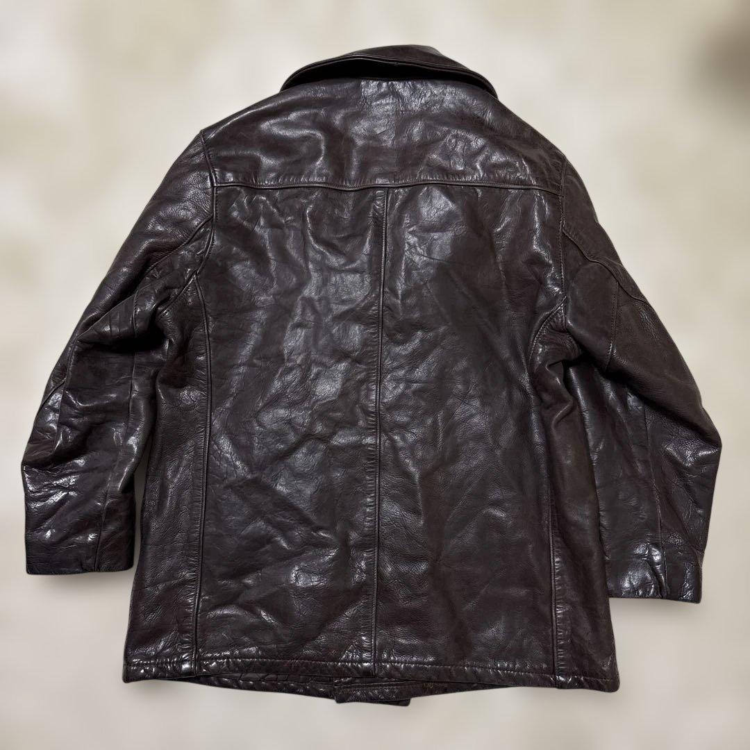 良サイズ！ショット★ブラウン　42 XL◎レザーピーコート★