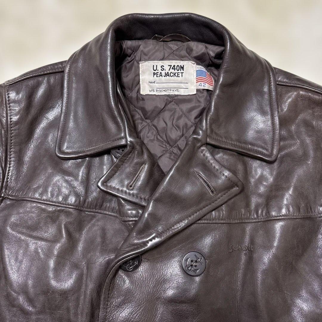 良サイズ！ショット★ブラウン　42 XL◎レザーピーコート★