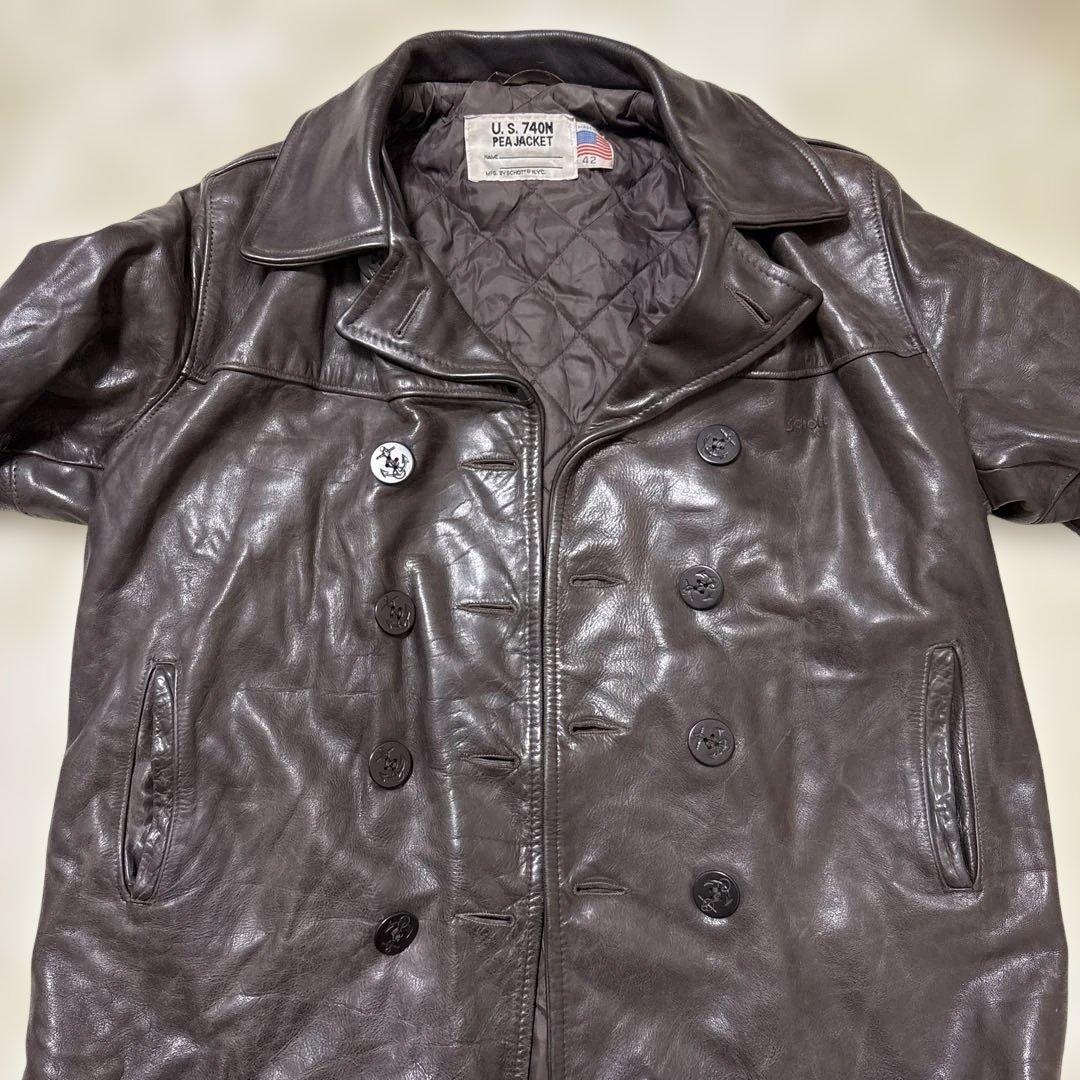 良サイズ！ショット★ブラウン　42 XL◎レザーピーコート★