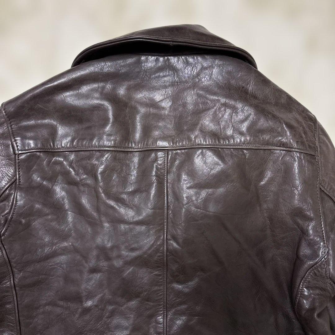 良サイズ！ショット★ブラウン　42 XL◎レザーピーコート★