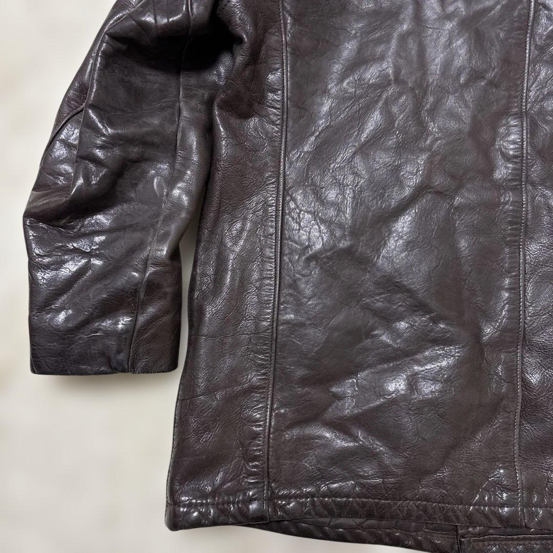 良サイズ！ショット★ブラウン　42 XL◎レザーピーコート★