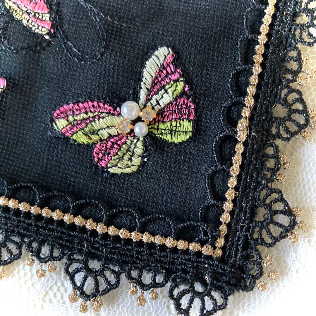 ♡ ガーゼとパイルのレースハンカチ ♡ カラフル蝶々 LT-005 ハンドメイド