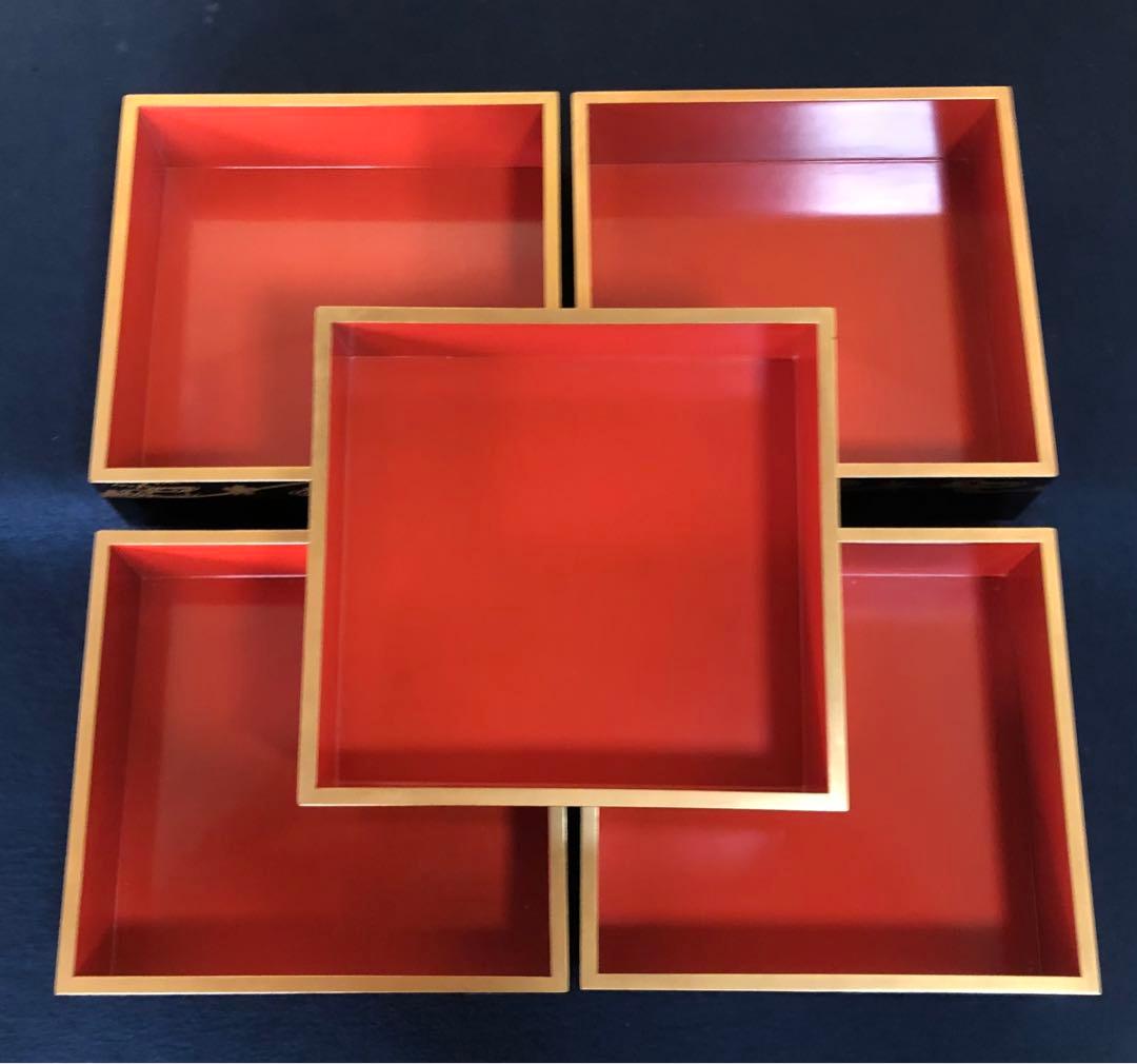 《レ》雲錦蒔絵 真塗内朱 五段重 替蓋 重台付 木製漆器 木箱 251117え2