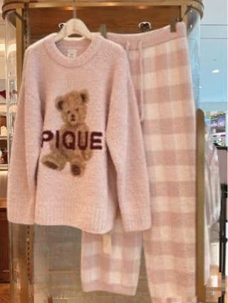 新品ジェラートピケ ルームウェア 冬くまふわふわ ピンク上下セット
