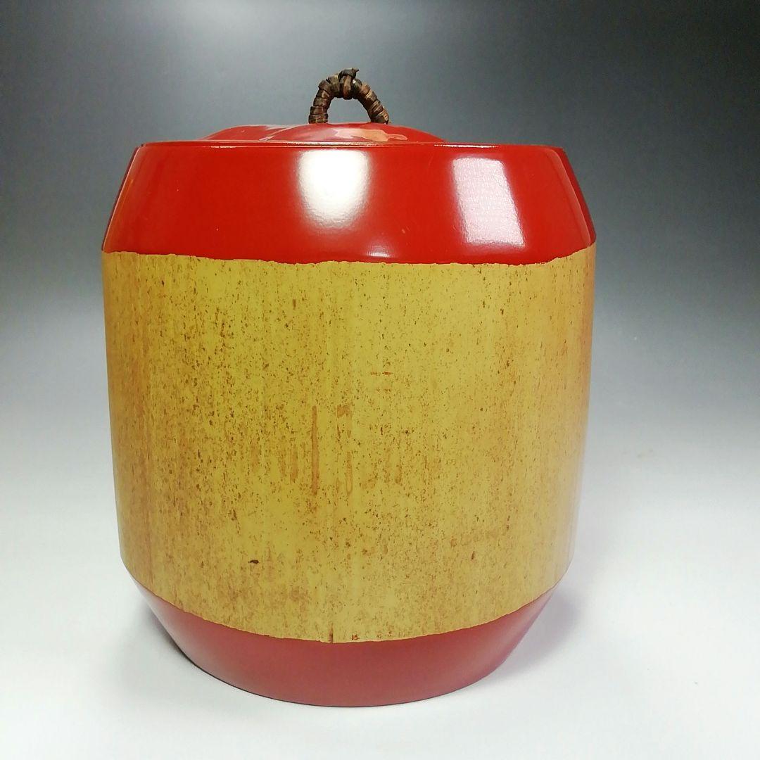 Ｓ４１０　水指　『太鼓胴　朱竹水指』『塗師　助田宗明作』　共箱　茶道具