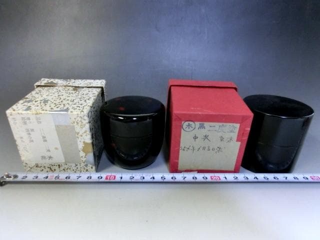 棗■茶入れ 塗り棗 黒塗り 2個セット 二二高棗 二度塗 木乾 四季の花 中次■