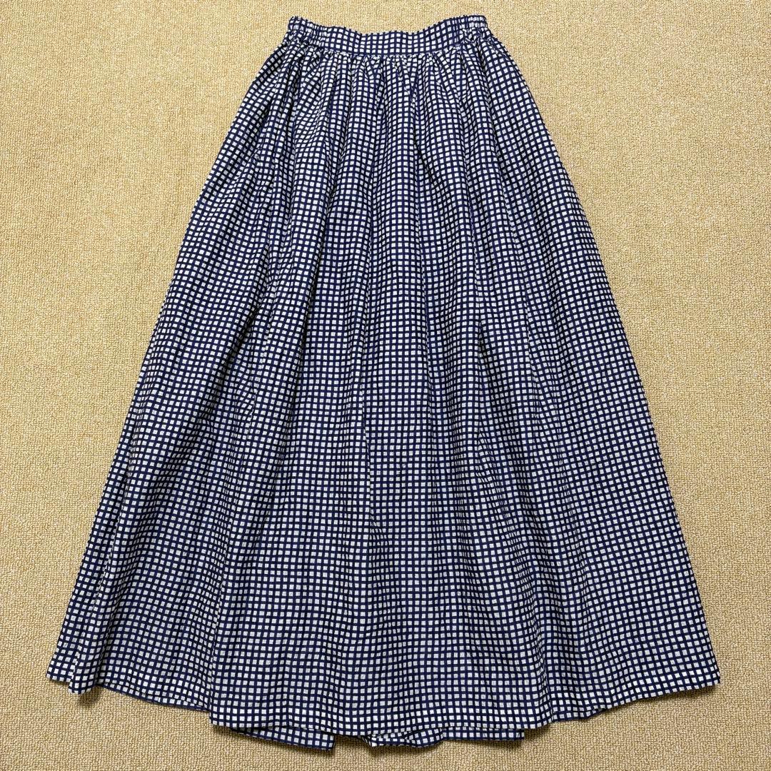 マダマダ 藍染め フレアスカート チェック 総柄 ギャザー