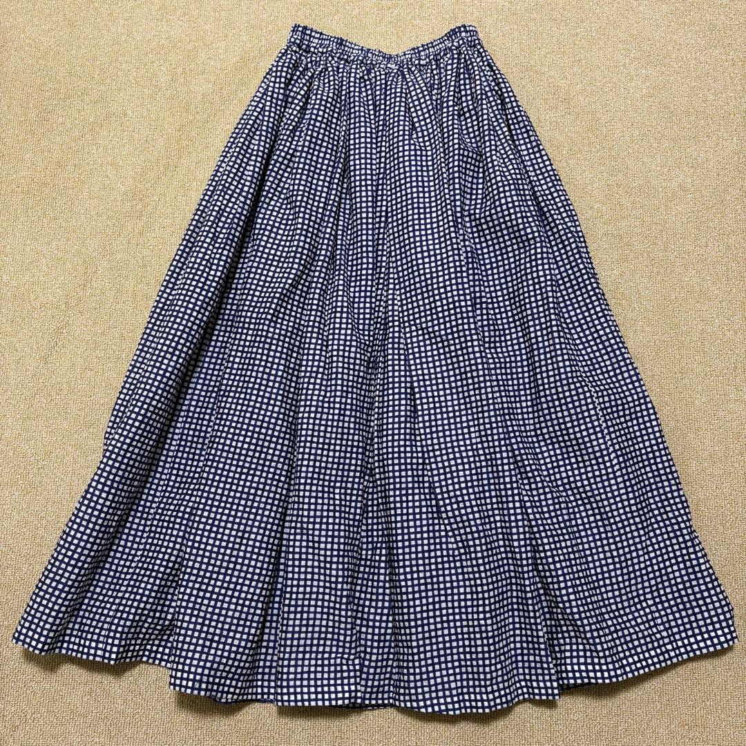 マダマダ 藍染め フレアスカート チェック 総柄 ギャザー