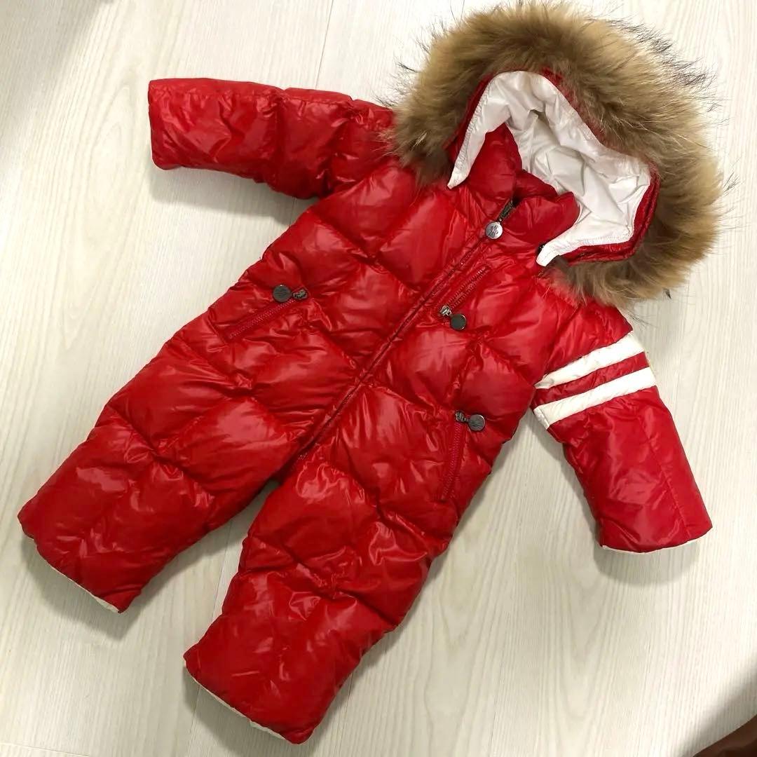 【美品】MONCLER ファー付 ダウン ジャンプスーツ ベルト付 赤 67cm