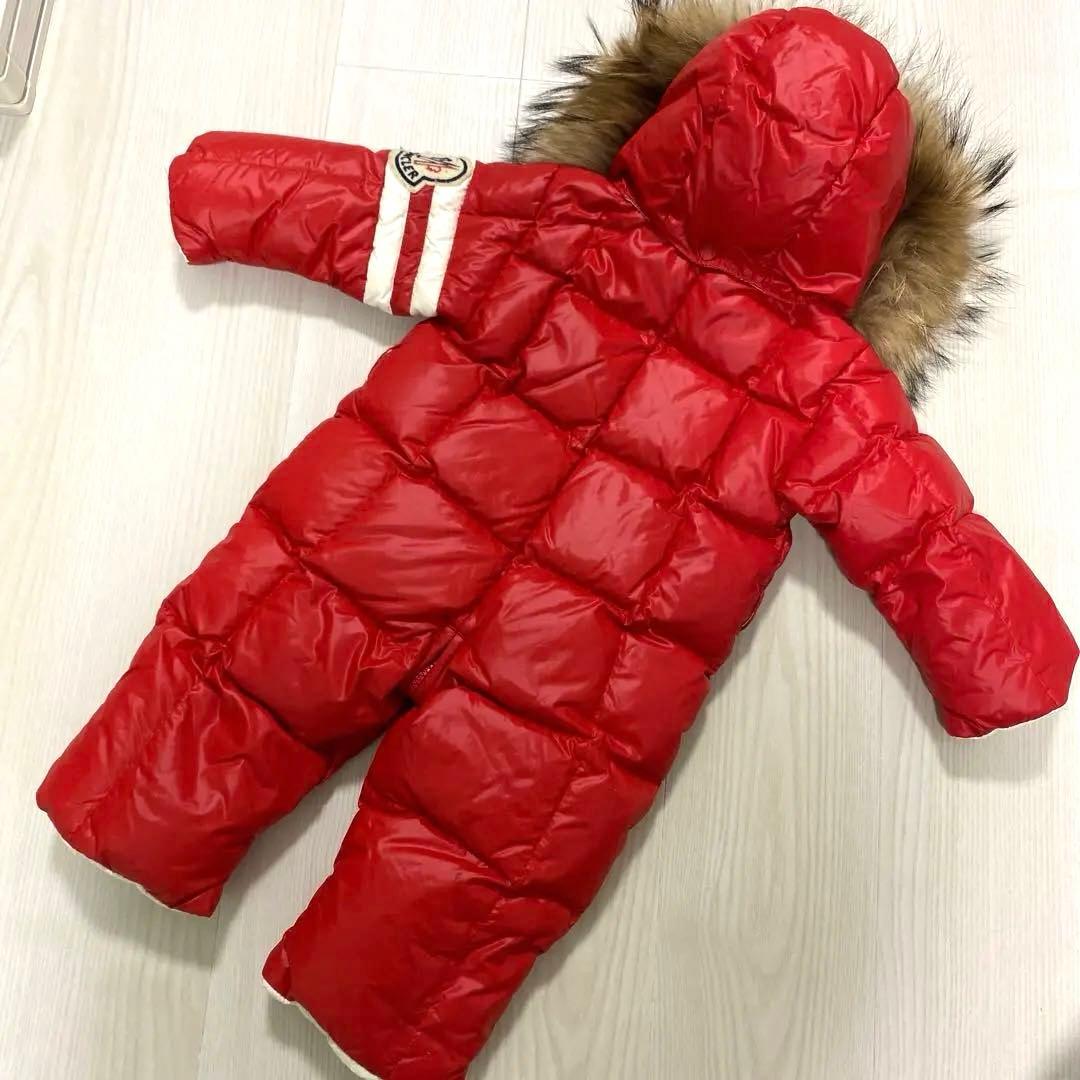 【美品】MONCLER ファー付 ダウン ジャンプスーツ ベルト付 赤 67cm