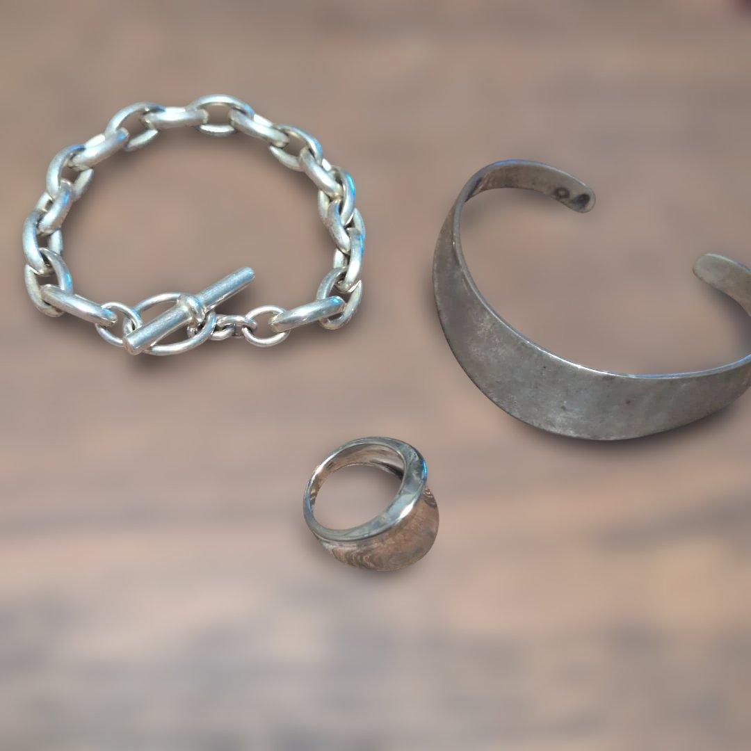 シルバー チェーンブレスレット バングル リング 3点セット、まとめ売り