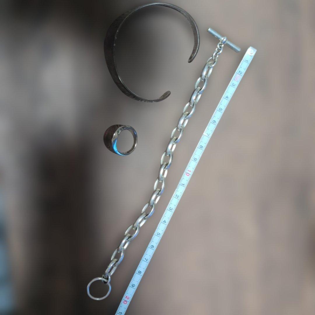 シルバー チェーンブレスレット バングル リング 3点セット、まとめ売り