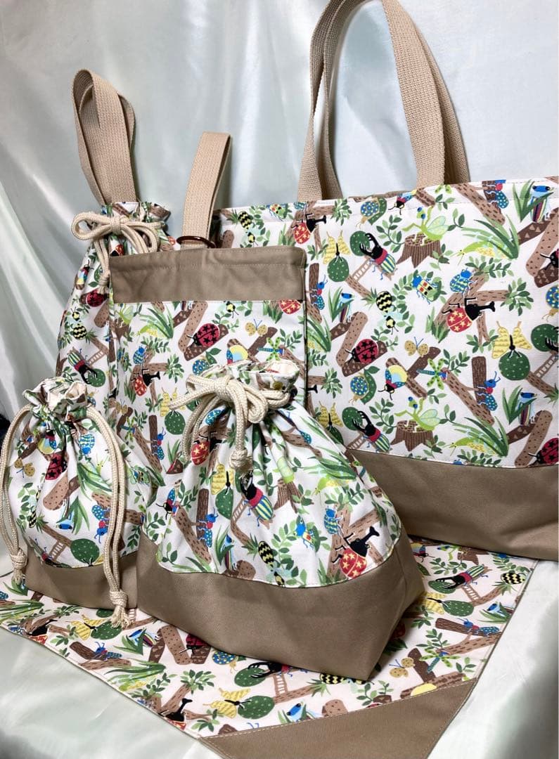 昆虫（ベージュ）入園入学6点セット　ハンドメイド　ポケット充実