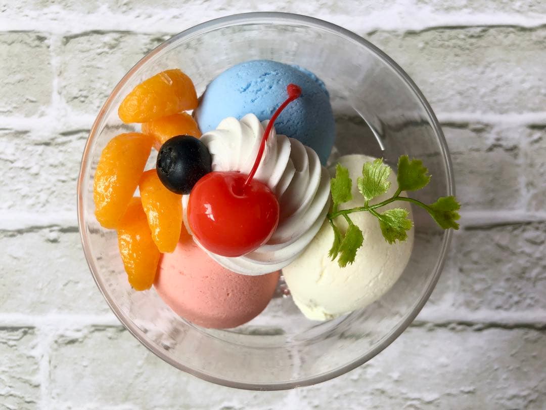 食品サンプル フルーツサンデー&ストロベリー&アイスクレープセット実物大です。