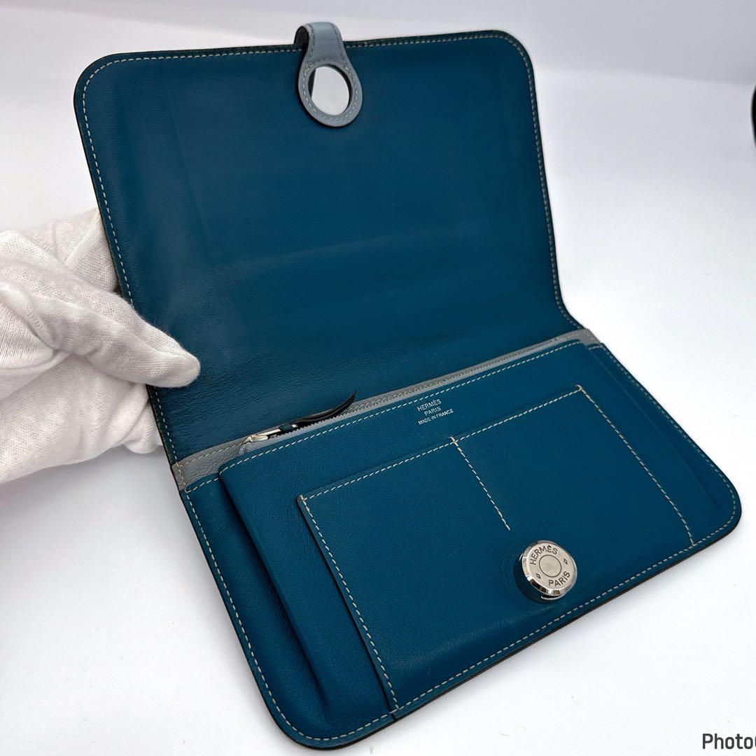 くま　エルメス✨ドゴン　GM デュオ✨ブルー　バイカラー✨二つ折り長財布