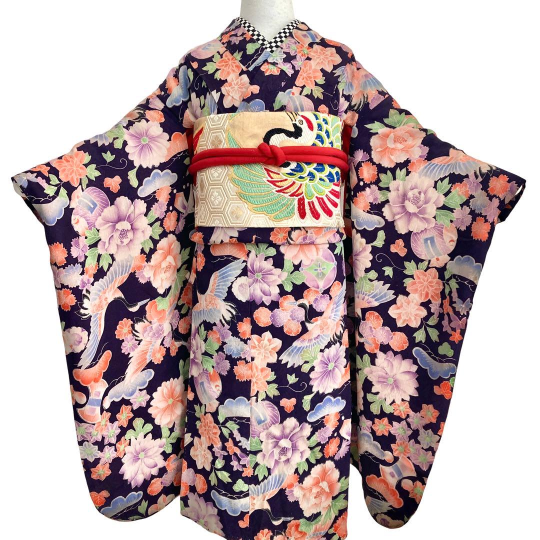 アンティーク　ちりめん　鶴　宝尽くし　女の子　子供着物　NO16