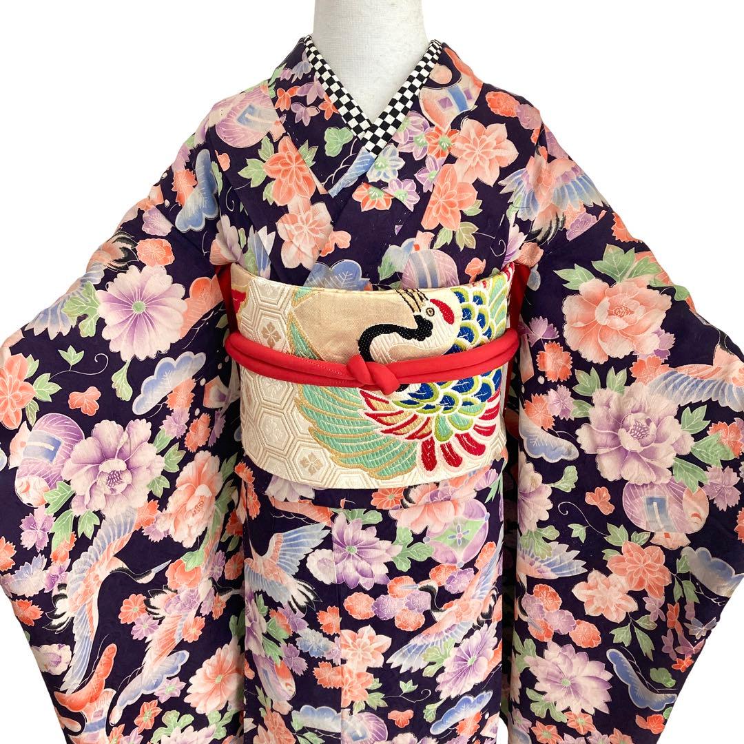 アンティーク　ちりめん　鶴　宝尽くし　女の子　子供着物　NO16