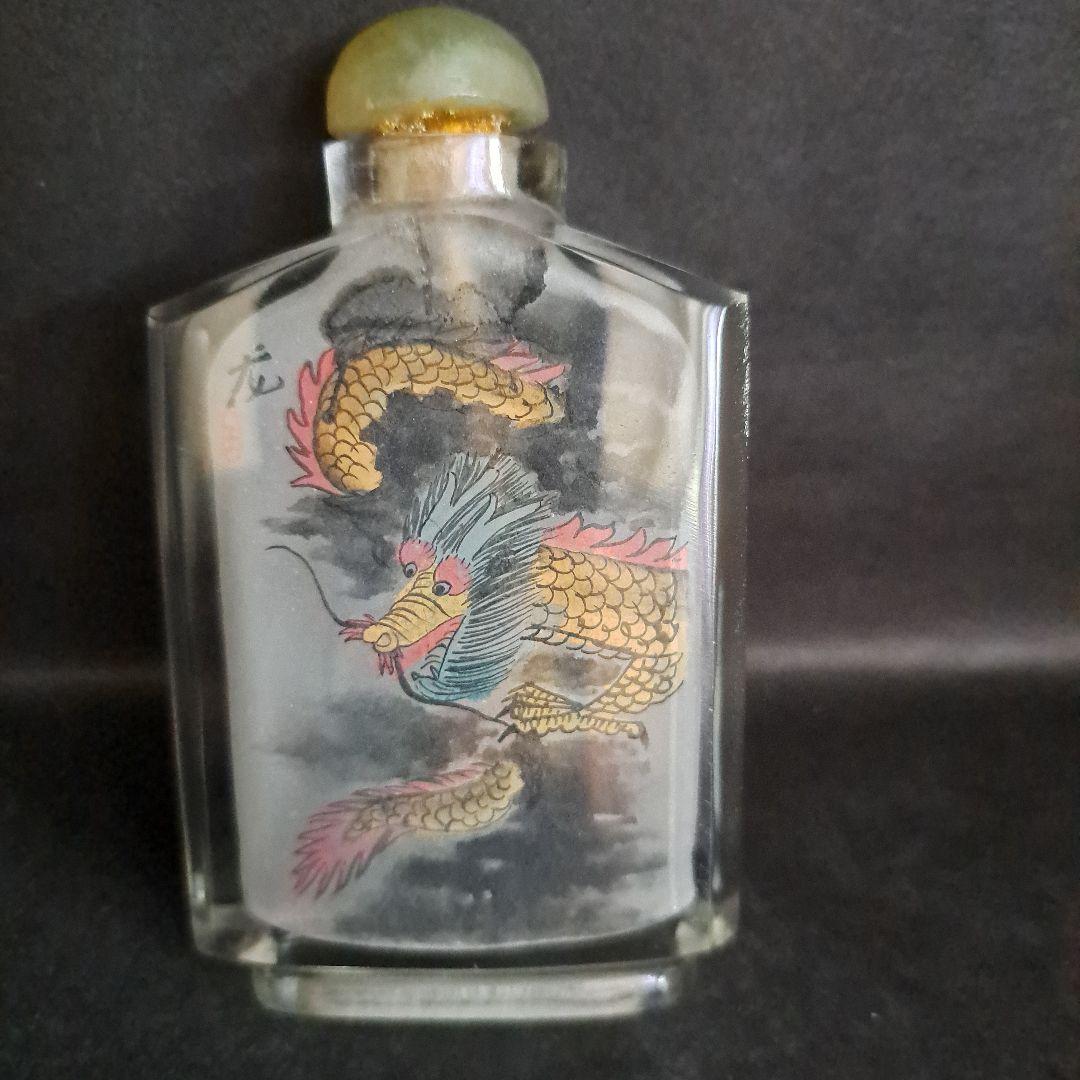 中国　清時代　硝子鼻煙壺　古玩　内絵龍文　角形精密　両面龍　内絵図　蓋◯◯牙さじ