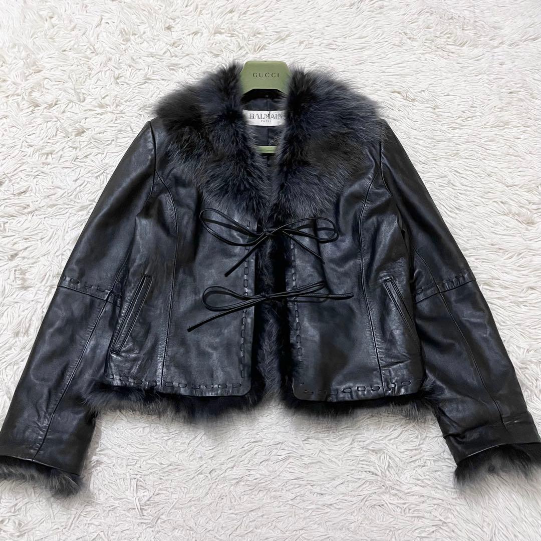 ✨美品✨バルマン　ラムレザージャケット　フォックスファー　裏地総柄　11 Ｌ　黒