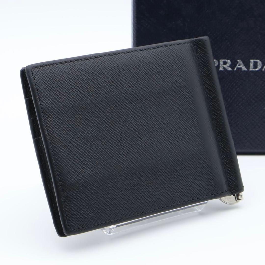 【極美品】PRADA マネークリップ　メタルロゴ　サフィアーノレザー　黒
