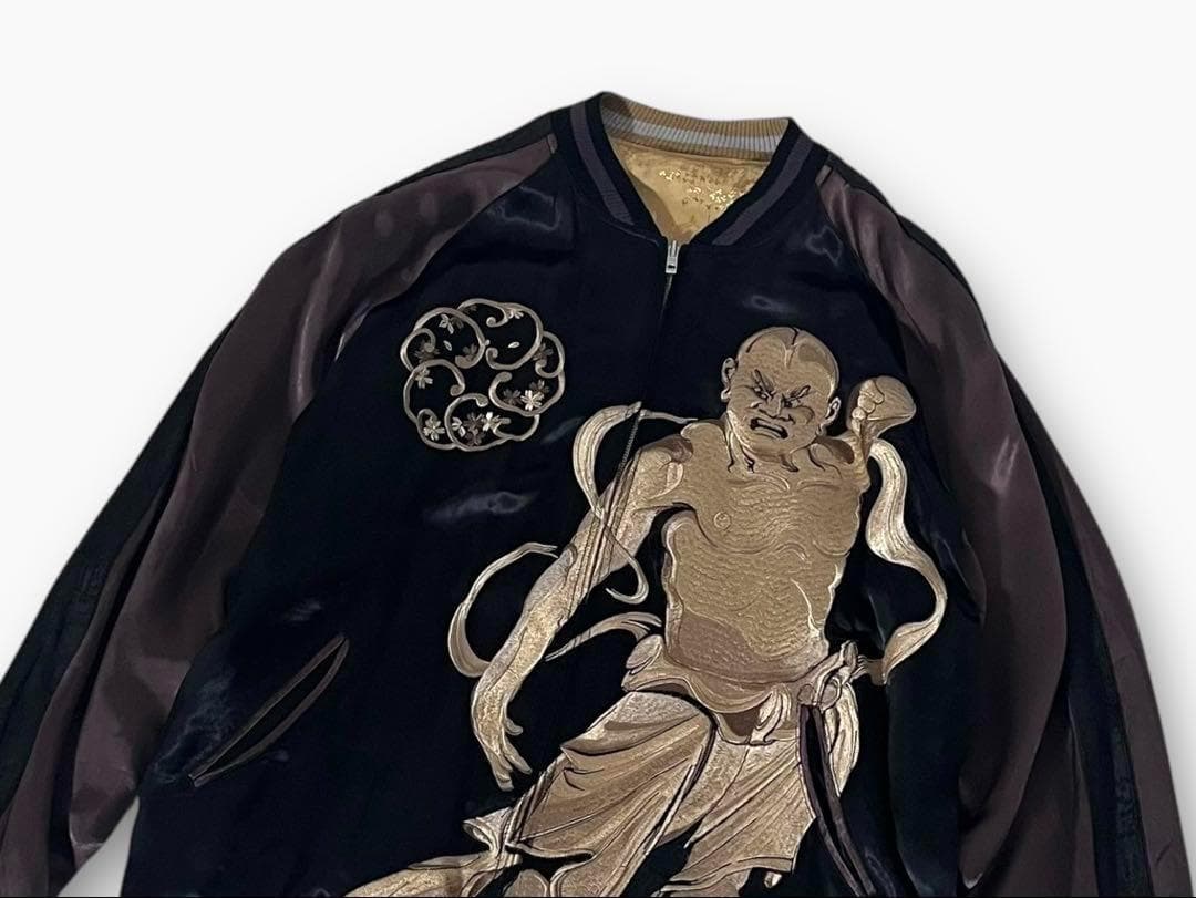 【良品】花旅楽団　スカジャン　リバーシブル　金剛力士　和柄　刺繍プリント　XL