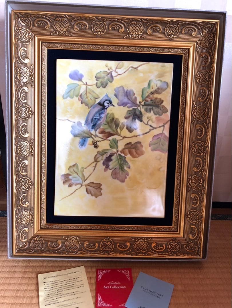 ノリタケ　陶版　額　アオカケス　ハンドペイント