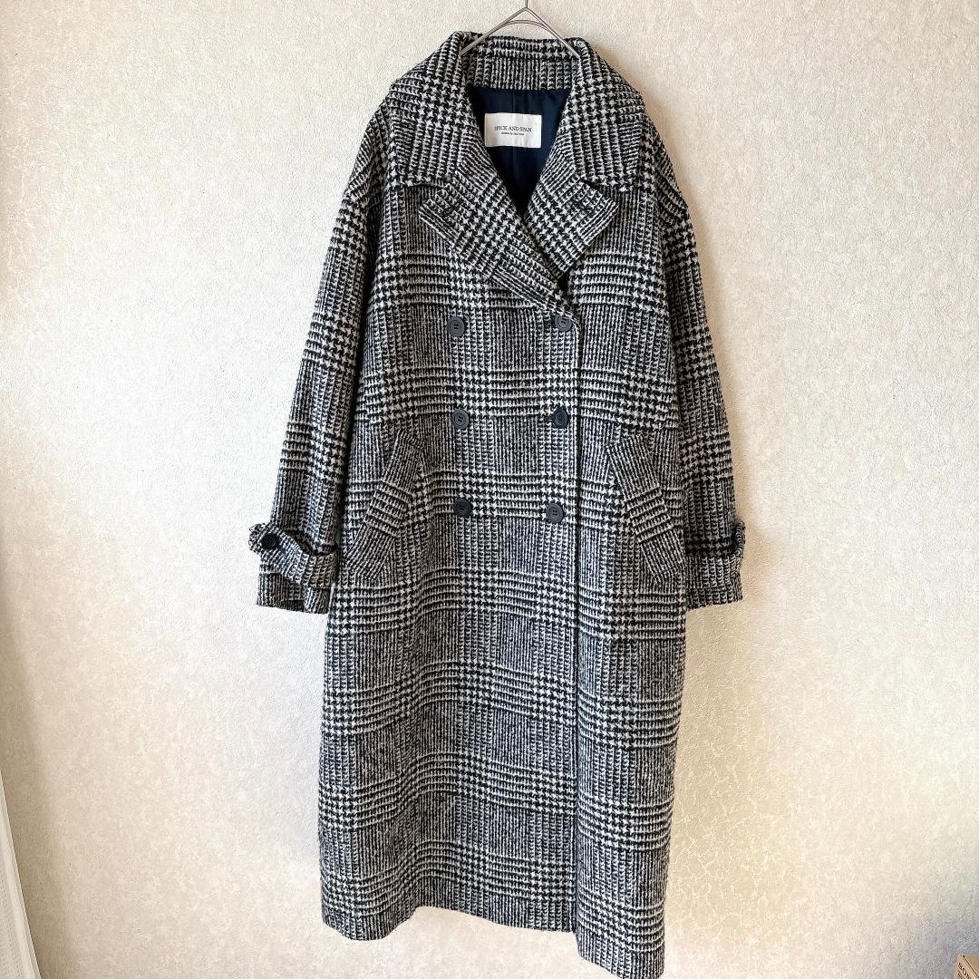 美品スピックアンドスパン⭐️チェック シルク混 ウールチェスターコート 36