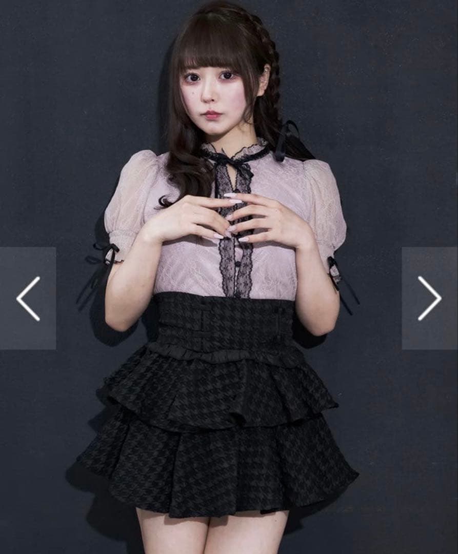 pium ピウム ティアードフリルドーリーミニスカート千鳥柄 ブラックミックス