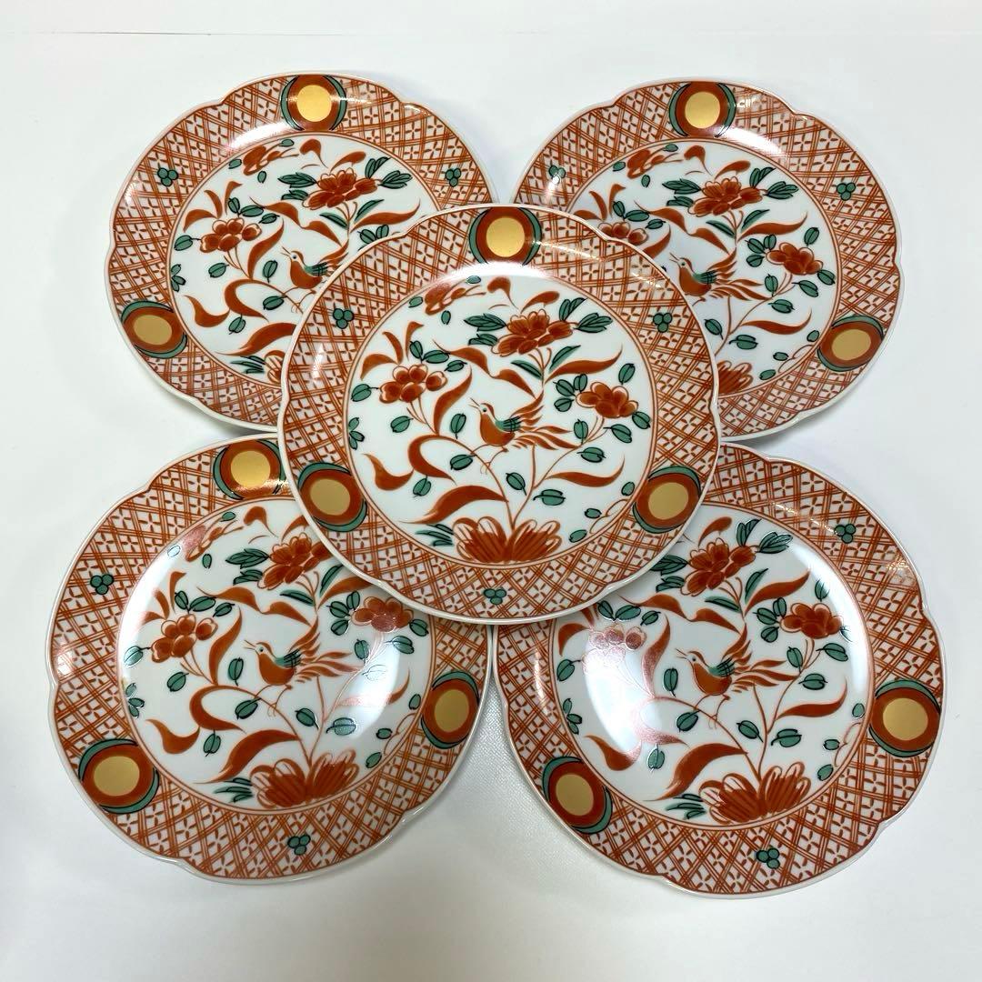 たち吉　花鳥　呉須　赤絵　金彩　丸　中皿　5枚セット　丸紋 初節句　【希少品】