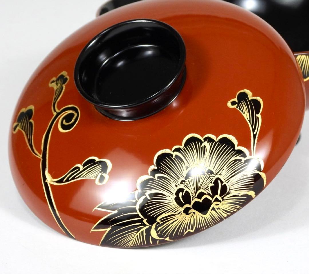 漆器　輪島塗　金蒔絵牡丹　木製　蓋付椀　お煮物椀　吸物椀　4客 共箱