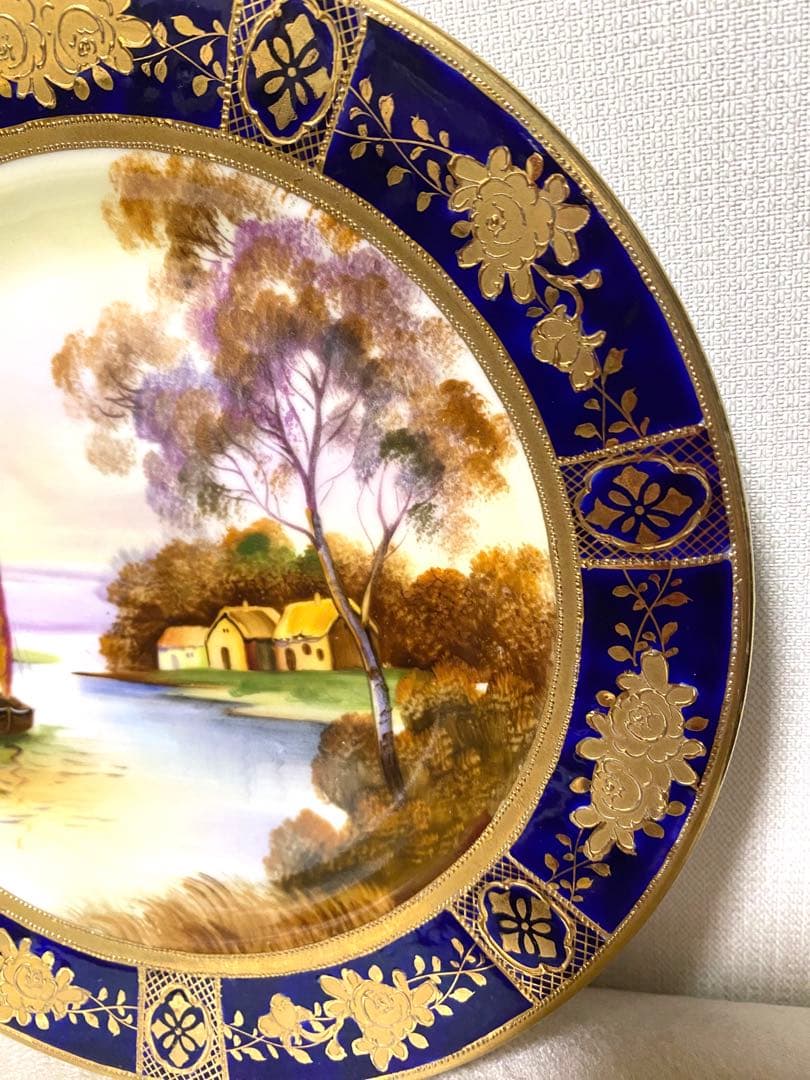 オールドノリタケ　お皿　金盛り上げ　風景画　点盛