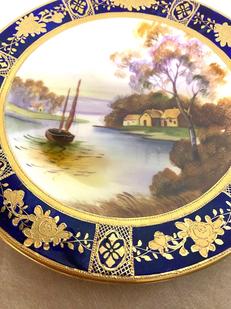 オールドノリタケ　お皿　金盛り上げ　風景画　点盛