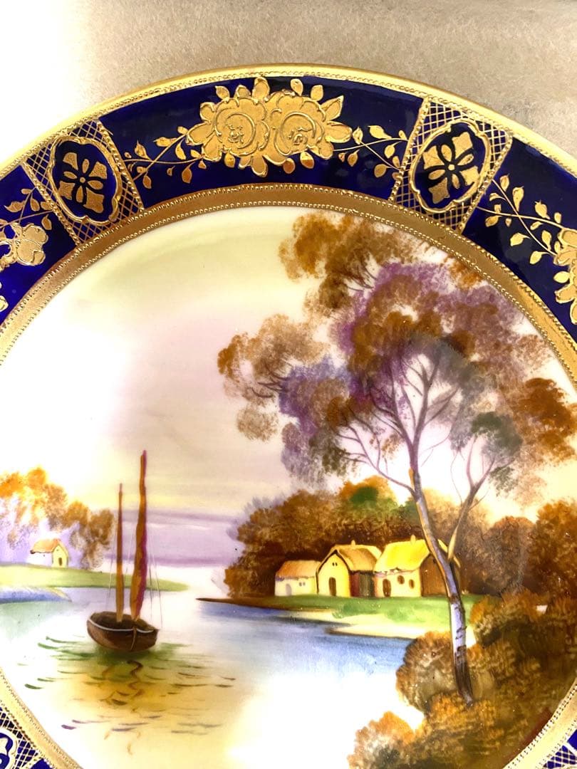 オールドノリタケ　お皿　金盛り上げ　風景画　点盛