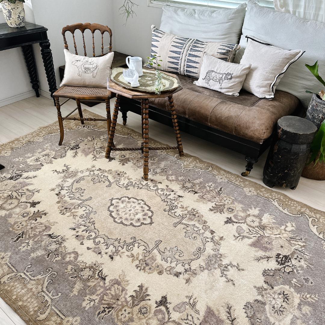 トルコ ヴィンテージラグ A118 超大判 定番 レア ベージュ カーキ グレー