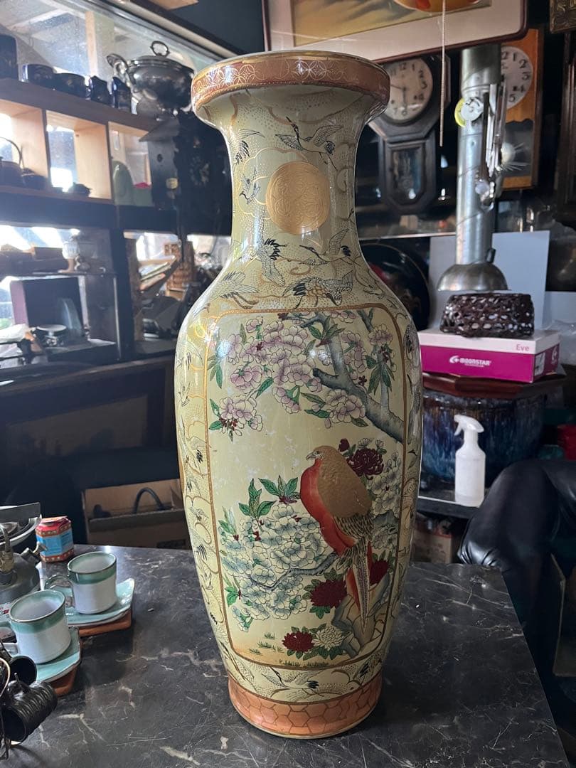 薩摩焼 、金襴手 郡鶴花鳥図花瓶 約60飾壷 花器 細密絵付 コレクター収蔵品