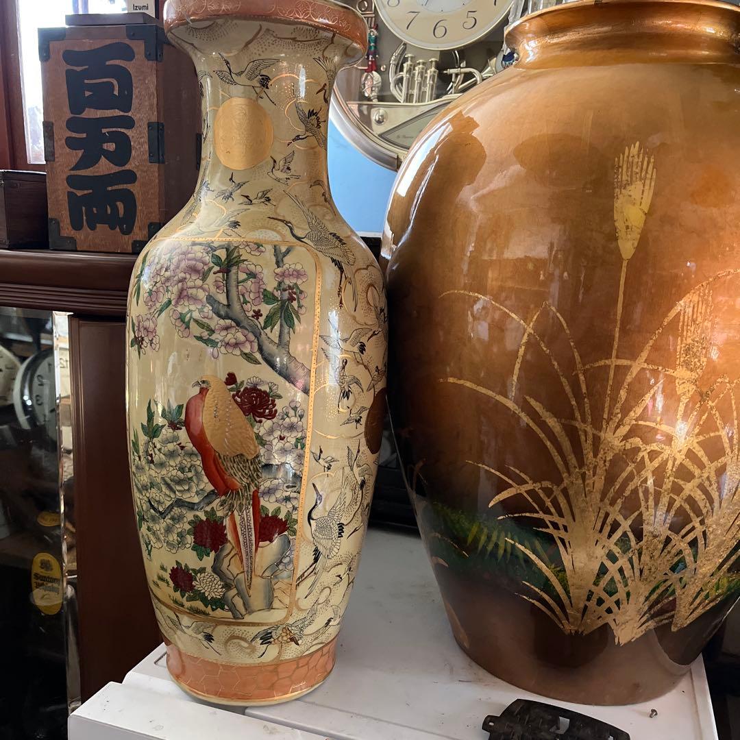 薩摩焼 、金襴手 郡鶴花鳥図花瓶 約60飾壷 花器 細密絵付 コレクター収蔵品