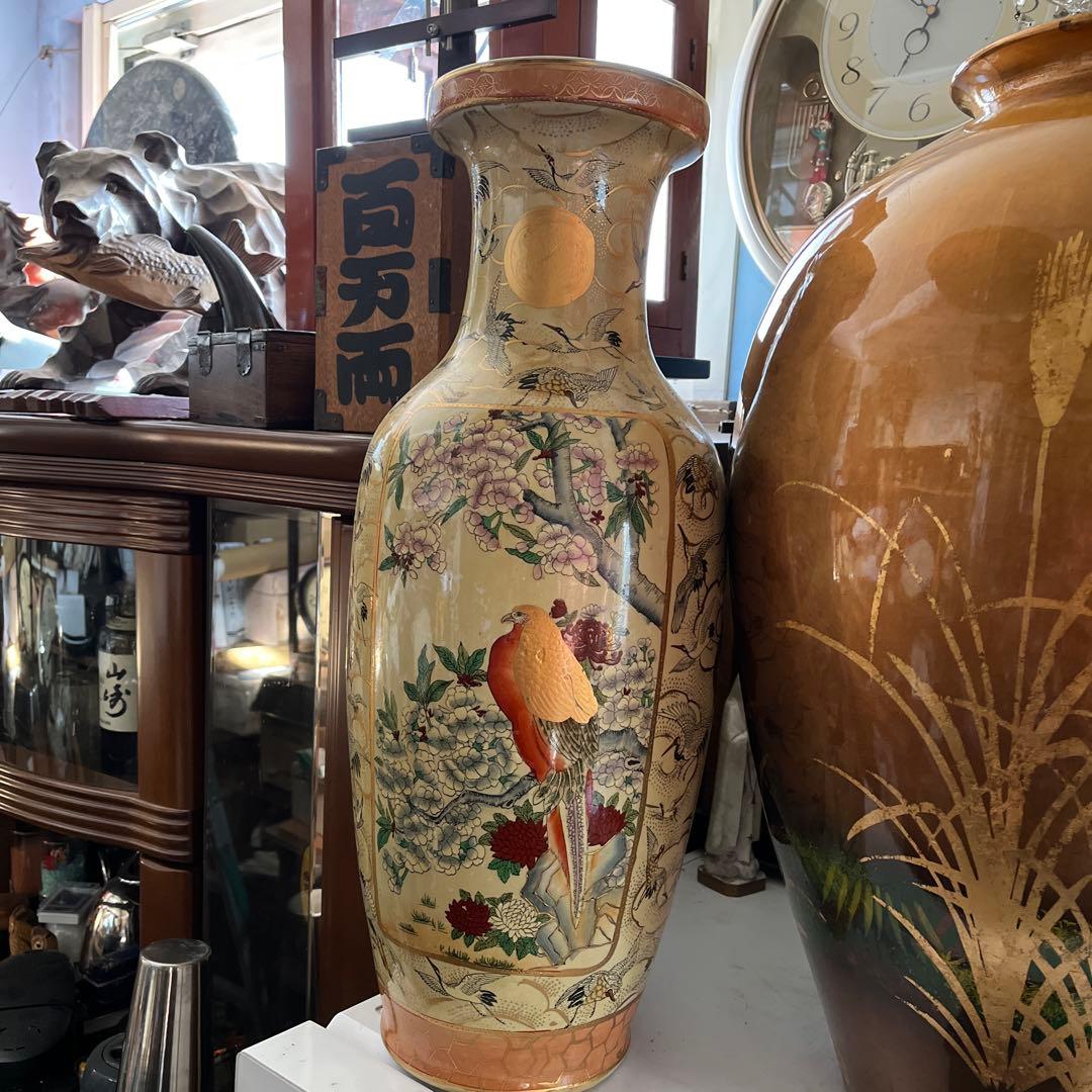 薩摩焼 、金襴手 郡鶴花鳥図花瓶 約60飾壷 花器 細密絵付 コレクター収蔵品