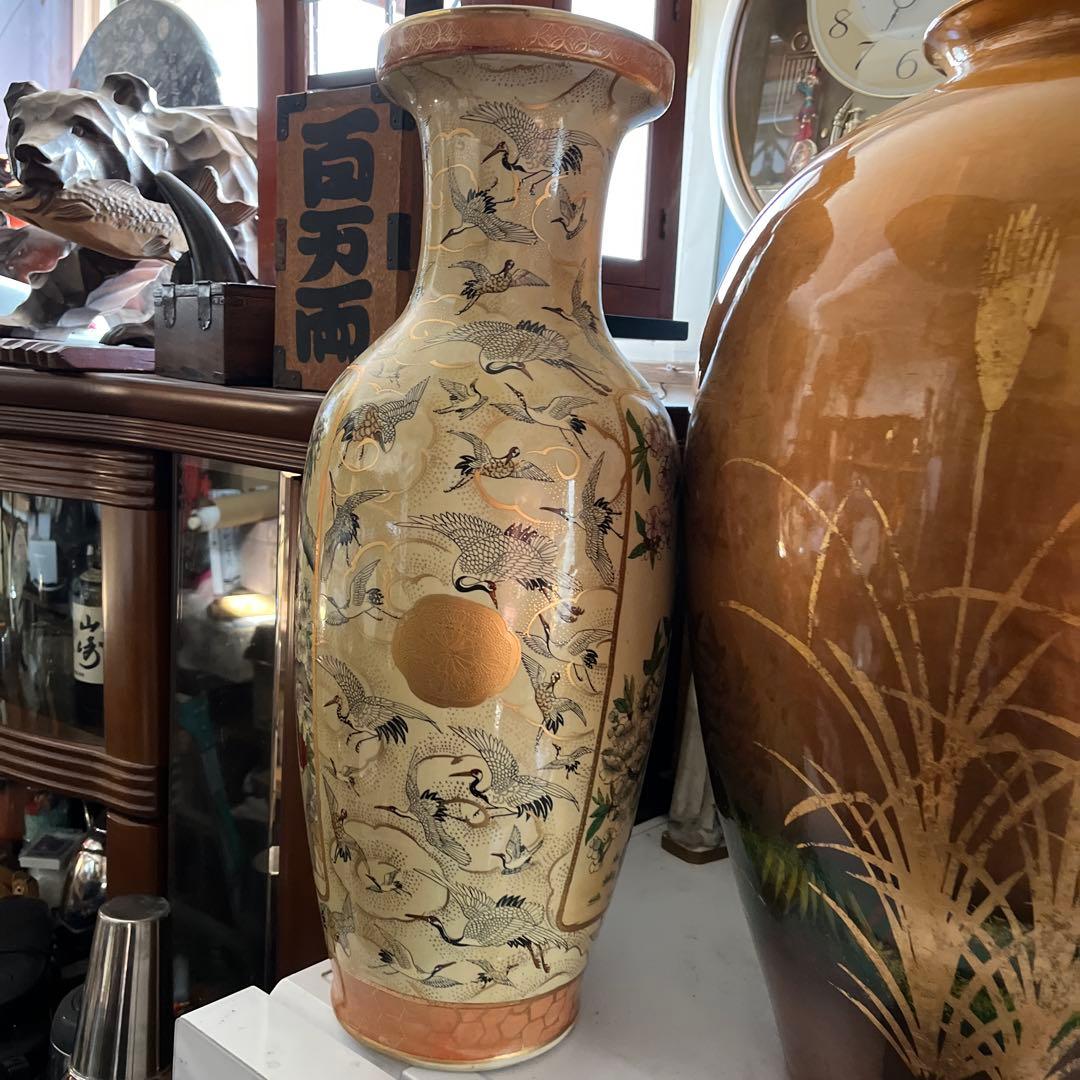 薩摩焼 、金襴手 郡鶴花鳥図花瓶 約60飾壷 花器 細密絵付 コレクター収蔵品