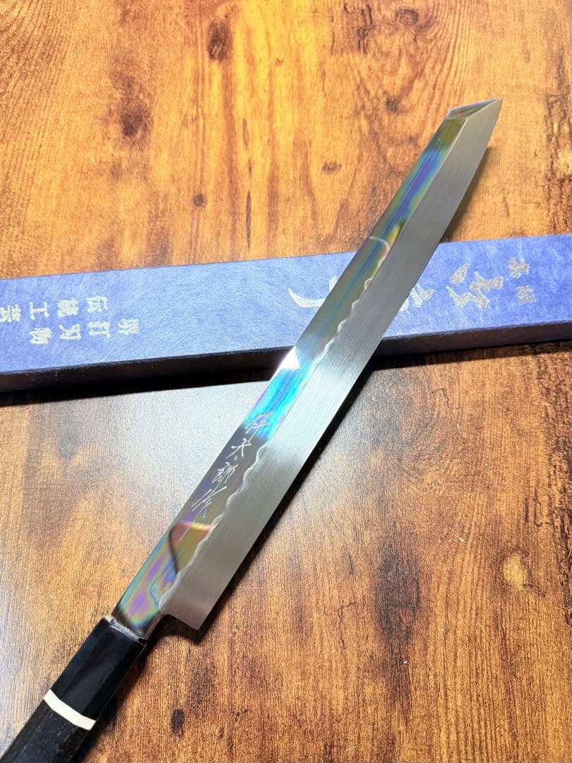 【堺打刃物】祥太郎作　刺身 切付　本焼 白鋼　尺　鏡面　包丁　黒檀水牛八角柄