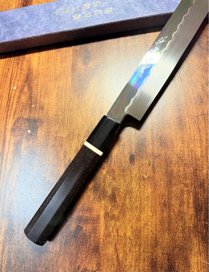 【堺打刃物】祥太郎作　刺身 切付　本焼 白鋼　尺　鏡面　包丁　黒檀水牛八角柄