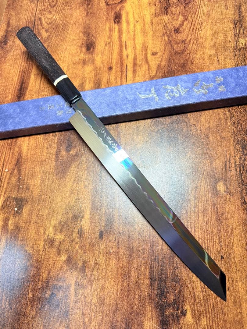 【堺打刃物】祥太郎作　刺身 切付　本焼 白鋼　尺　鏡面　包丁　黒檀水牛八角柄