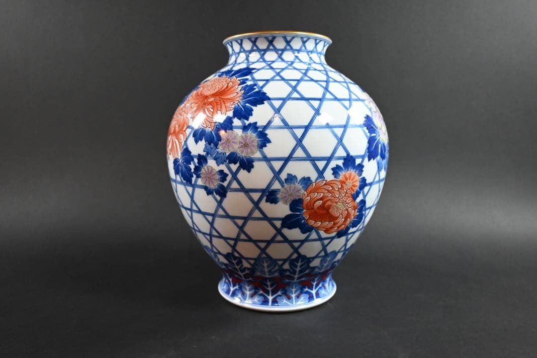 セール　香蘭社　オールド香蘭社　染錦　篭菊文　花瓶　香蘭社謹製　明治天皇献上品