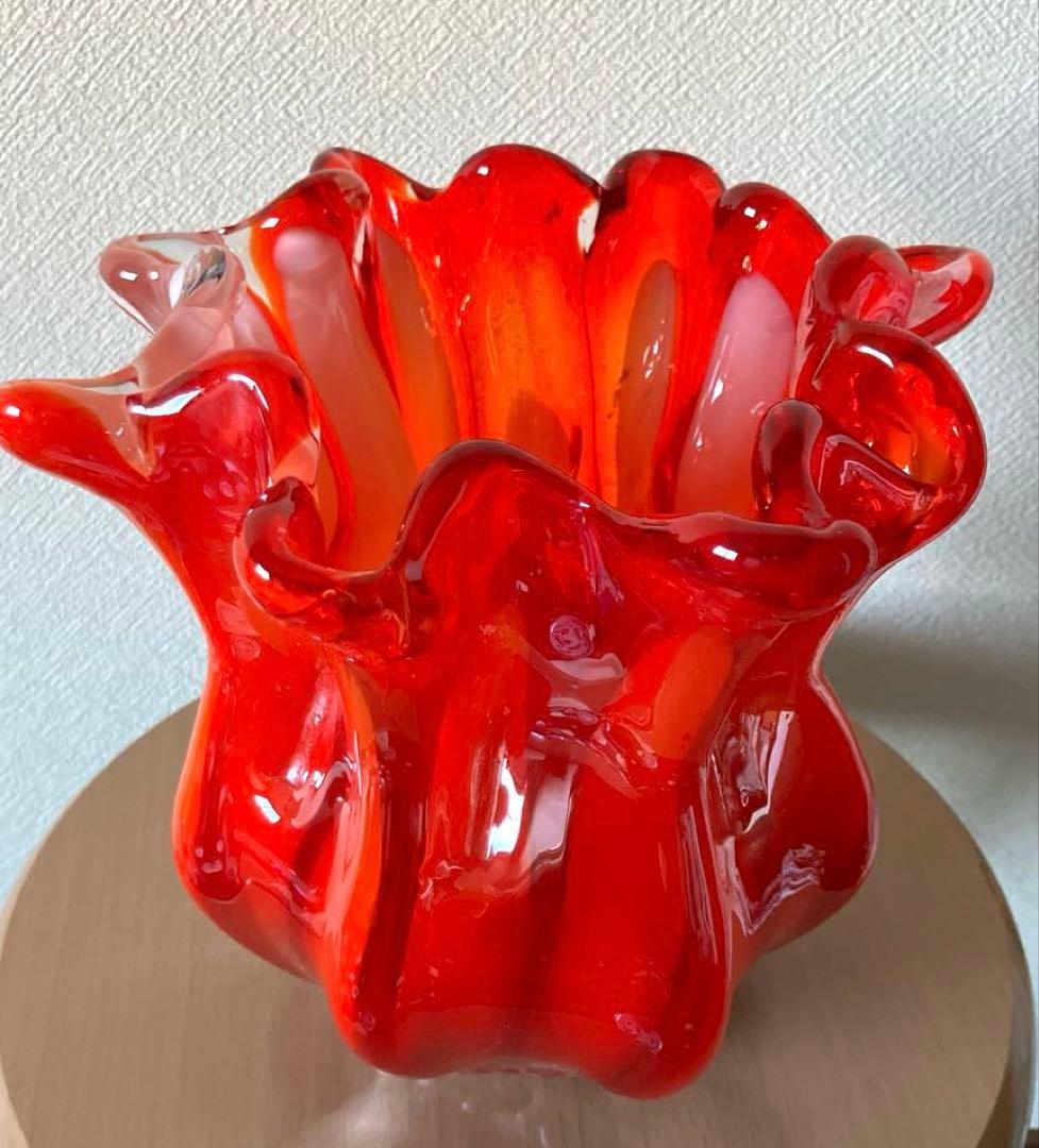 昭和レトロタジマクリスタル赤オーロラ加工チューリップ型花瓶